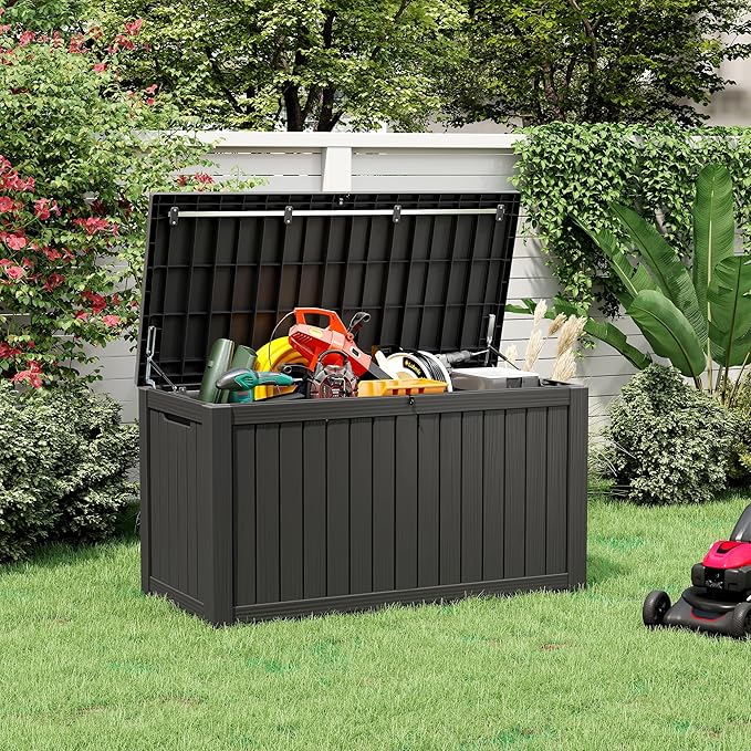NUNU LAB 150 Gallon Outdoor Storage Box,Resin Large Sturdy Deck Box, Backyard Outside Storage Box Waterproof with Double Wall Panels,Package Delivery Garden Outdoor Hose Storage Bin-VerdiqueGarden
