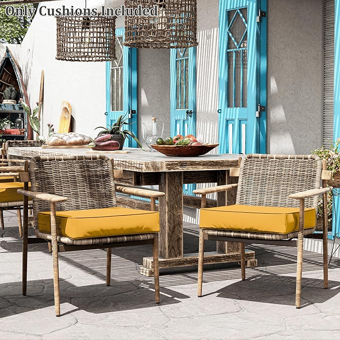 Patio Chair Cushions 24 X 24 X 5 Inch Waterproof Outdoor Seat Cushions for Patio Furniture, Outdoor Sofa Couch Pads with Ties & Handle, Set of 2, Yellow-VerdiqueGarden