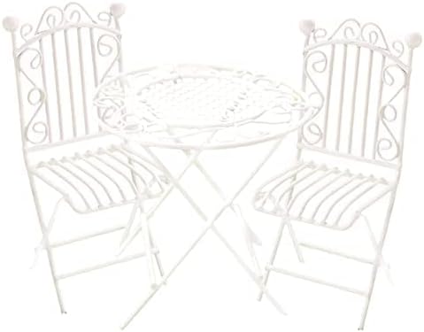 Dollhouse Miniature Bistro Table & Chairs Set Accessories Metal 1:12 Scale Miniatures White Coffee/Tea Furniture Fairy Garden Cute Rustic Elegant Decorations Ornaments (C)-VerdiqueGarden