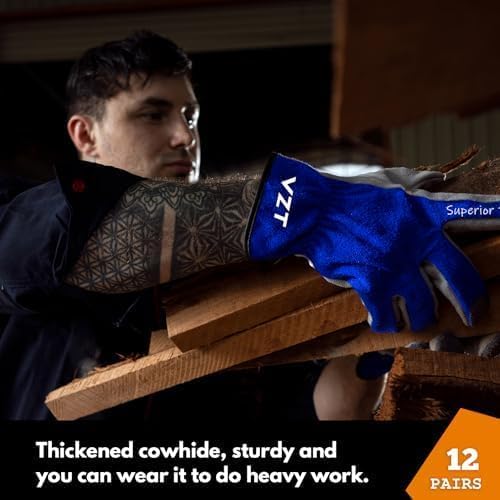 12 Pairs Bulk Leather Work Gloves for Men or Women for Construction, Wood cutting, Driving, Gardening, Automotive Repair, Soft, Cowhide, Class 4 Abrasion Resistant, Blue-White, XXL.-VerdiqueGarden