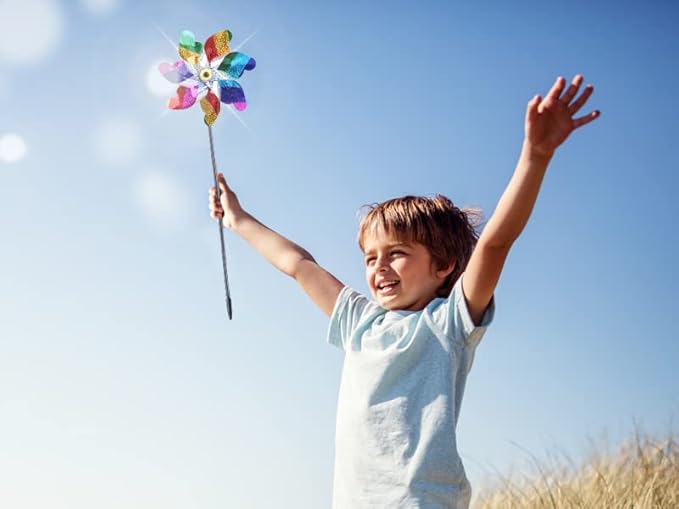 BATTIFE 10 Pack Sparkly Rainbow Pinwheels, Reflective Wind Spinner for Yard and Garden with Stakes, Decor Windmill to Scare Birds Away for Lawn and Patio-VerdiqueGarden