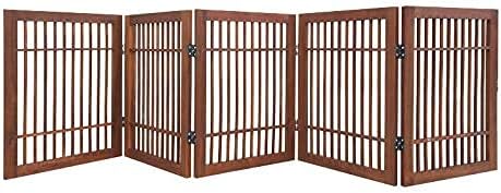 Pet Dog Gate Strong and Durable Freestanding Folding Acacia Hardwood Portable Wooden Fence Indoors or Outdoors by Urnporium (Brown Pet Gate, 5 Panel 24" Tall)-VerdiqueGarden