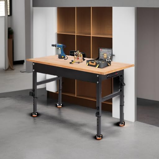 48" Adjustable Work Bench, Rubber Wood Top Workbench Heavy-Duty Work Table with Power Outlet, 2000 LBS Load Capacity Hardwood Work Benches for Garage, Workshop, Home, Office, Easy Assembly-VerdiqueGarden