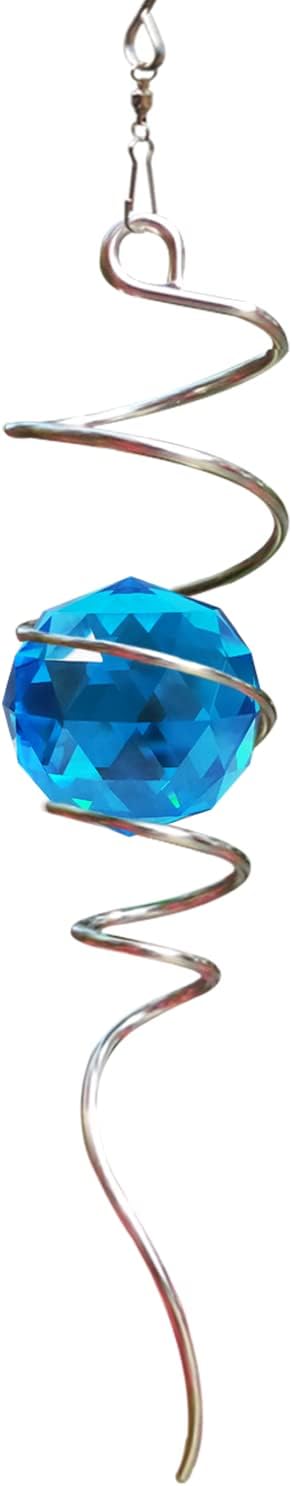 Fonmy Gazing Ball Spiral Tail -Decorative Wind Spinner Sun Catcher Rainbow Maker 11 inch Tail and 2 inch Peacock Blue Crystal Orb. Indoor Outdoor Garden Decoration -13 inch Height-VerdiqueGarden