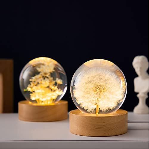 Flower Crystal Ball Night Light,2.4 inch Glass Ball Night Lamp with Woodern Base (Red Daisy)-VerdiqueGarden