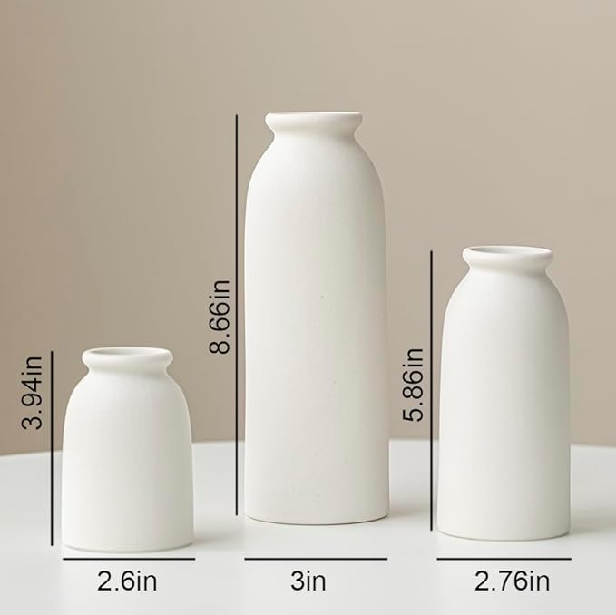 Ceramic Vase Set-3, Small Flower Vases for Decor, Modern Boho Farmhouse Style, Decorative Shelf Vases for Pampas Grass & Dried Flowers, Distressed Finish (White)-VerdiqueGarden