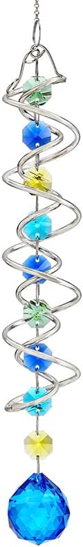 H&D HYALINE & DORA 17.7inch Gazing Ball Spiral Tail,Decorative Wind Spinner Sun Catcher,Rainbow Maker Double-Spiral W/Sea Blue Crystal Ball and Chain,Glass Crystals for Indoor Outdoor Decoration-VerdiqueGarden