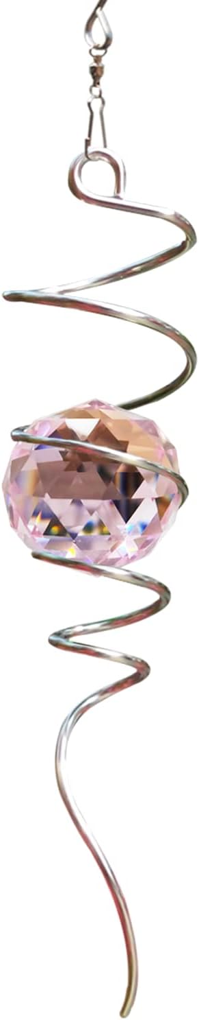 FONMY Gazing Ball Spiral Tail -Decorative Wind Spinner Sun Catcher Rainbow Maker 11 inch Tail and 2 inch Pink Crystal Orb. Indoor Outdoor Garden Decoration -13 inch Height-VerdiqueGarden