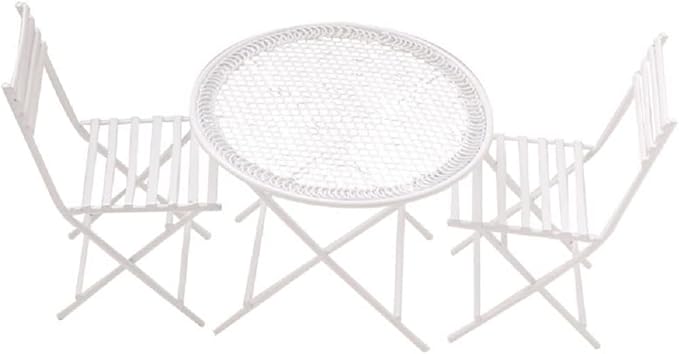 Dollhouse Miniature Bistro Table & Chairs Set Accessories Metal 1:12 Scale Miniatures White Coffee/Tea Furniture Fairy Garden Cute Rustic Elegant Decorations Ornaments (B)-VerdiqueGarden