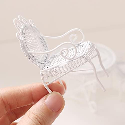 Dollhouse Miniature Bistro Table & Chairs Set Accessories Metal 1:12 Scale Miniatures White Coffee/Tea Furniture Fairy Garden Cute Rustic Elegant Decorations Ornaments (A)-VerdiqueGarden