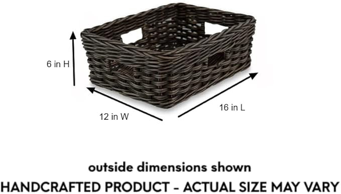 The Basket Lady Rectangular Low Wicker Storage Basket, Medium, 16 in L x 12 in W x 6 in H, Antique Walnut Brown-VerdiqueGarden