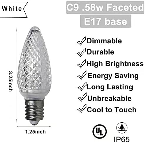 Set of 25 C9 White Faceted Cover Led Replacement Light Bulbs, Dimmable High Brightness E17 Christmas Decorative String Lights for Outdoor Holiday Decoration (White)-VerdiqueGarden