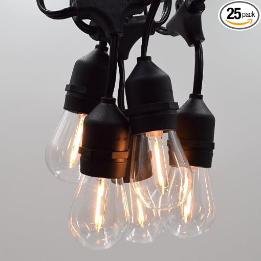Hometown Evolution, Inc. E26 Outdoor Commercial String Lights with Suspended Socket for Weatherproof Heavy Duty Vintage Outside Lighting (S14 LED Plastic, 50 Foot 25 Socket)-VerdiqueGarden