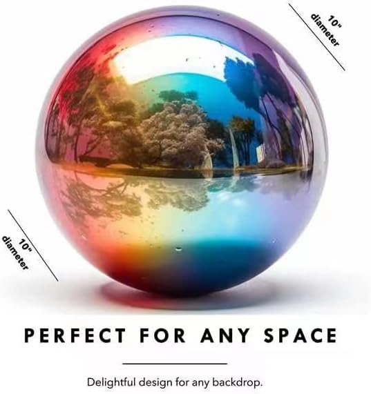 10 Inch Stainless Steel Gazing Globe,v2croft Hollow Ball Mirrored Surface Polished Shiny Sphere,Garden Stainless Steel Gazing Ball for Outdoor Lawn Pond Yard Ornament(rainbow)-VerdiqueGarden