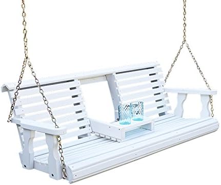 Porchgate Amish Heavy Duty Console Porch Swing with Fold Down Cup Holders in Semi Solid White Stain - Amish Made in The USA from Treated Pine, Hanging Chains Included-VerdiqueGarden