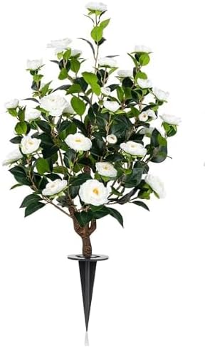 Romantic Season 2Pack 36" Artificial Camellia Tree with Ground Spike - White Faux UV Resistant Blooming Bush, Lifelike Camellia Flowers for Indoor Outdoor Decor, Perfect for Wedding-VerdiqueGarden