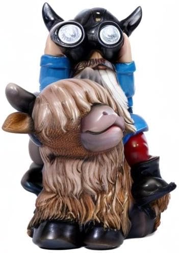 Garden Gnome Statues Resin Gnome Sitting on Highland Cow Solar Lights Outdoor Telescope Gnome Gifts for Yard, Patio Decor Gift(Cow Gnome)-VerdiqueGarden