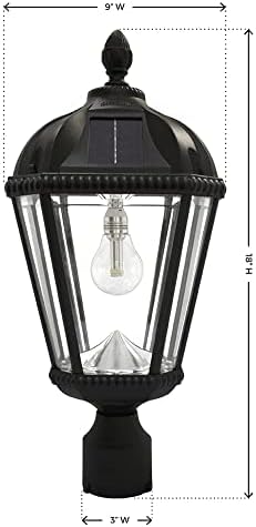 Gama Sonic Outdoor Solar Post Light, Black Aluminum, Royal Bulb, Rain Water Glass, Single Lamp with 3-inch Fitter for Lamp Posts Warm White LED, 98B012 (Upgraded Panel and Battery)-VerdiqueGarden