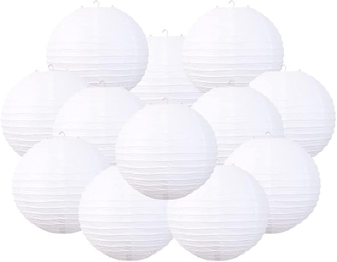 Foclover White Paper Lanterns 12 Pcs 14" Chinese Round Paper Hanging Decorations Ball Lanterns Lamps for Home Decorations, Parties, Birthdays and Weddings-VerdiqueGarden