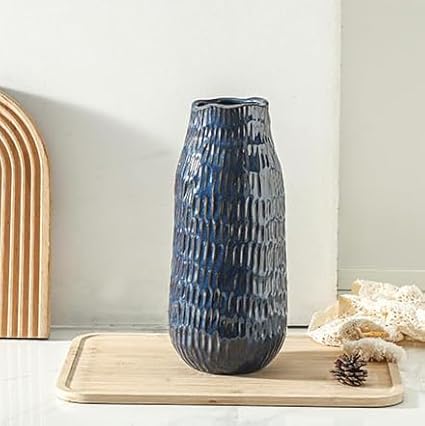 Blue Ceramic Vase for Home Decor, 12.6 Inch Tall Flower Vase with Modern Textured Finish,Decorative Floor Vase for Pampas Grass, Entryway, Living Room, Dining Table, Farmhouse or Office-VerdiqueGarden