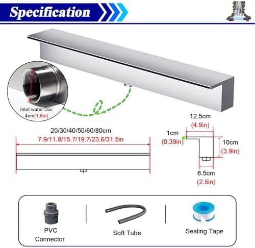 Waterfall Spillway 72 Inch - Garden Fountain Waterfall Embedded Mounting, Heavy Duty Stainless Steel Spray Water Accessories for Pond and Patio-VerdiqueGarden
