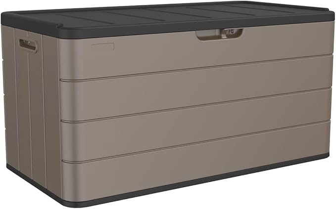 Premium Pro Edition 100 Gallon Lockable Resin Deck Box, Waterproof & UV-Resistant Outdoor Storage Box for Outdoor Cushion Storage, Garden Tools & Pool Accessories Storage, Brown-VerdiqueGarden