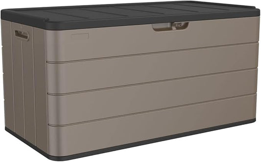 Premium Pro Edition 100 Gallon Lockable Resin Deck Box, Waterproof & UV-Resistant Outdoor Storage Box for Outdoor Cushion Storage, Garden Tools & Pool Accessories Storage, Brown-VerdiqueGarden