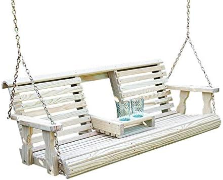 Porchgate Amish Heavy Duty Console Porch Swing with Fold Down Cup Holders in Unfinished - Amish Made in The USA from Treated Pine, Hanging Chains Included-VerdiqueGarden