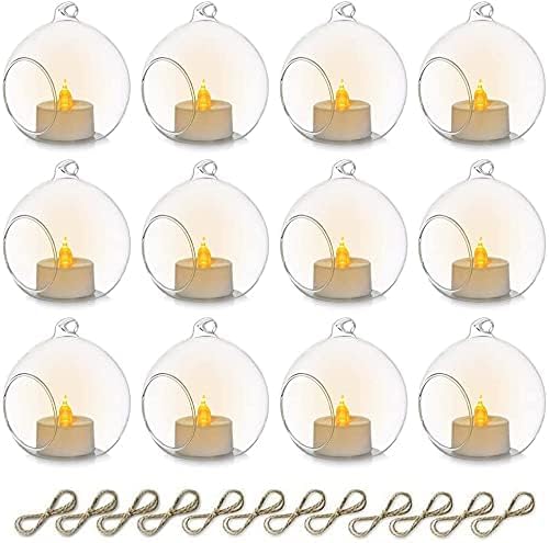 Sziqiqi Hanging Glass Globes Orbs Tea Light Candle Holders with Flameless LED Tealight for Wedding Ornaments Wedding Birthday Christmas Party Centerpiece Accessory 3.15in 12pcs-VerdiqueGarden