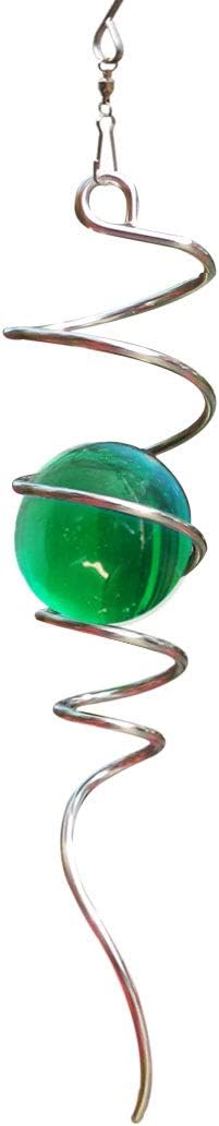 FONMY Gazing Ball Spiral Tail Wind Spinner Stabilizer with Swivel Hook 11inch Stainless Steel Tail and 2 inch Green Glass Orb. Indoor Outdoor Garden Decoration Hanging Ornaments 13 inch Height-VerdiqueGarden