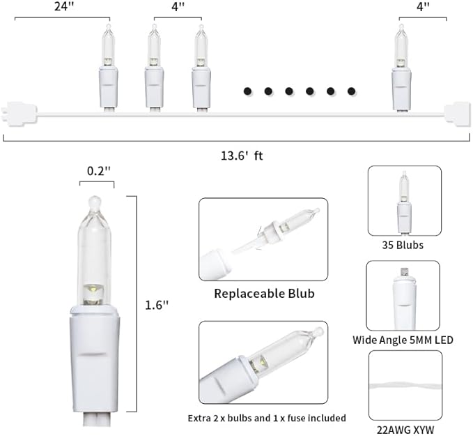 MULTI-SPARKING White Christmas LED Lights - 35 Count Cool White Christmas String Lights for Small Tree, Crafts, Holiday, Indoor/Outdoor Decorations, 11 Feet White Wire, UL Certified, Connectable-VerdiqueGarden