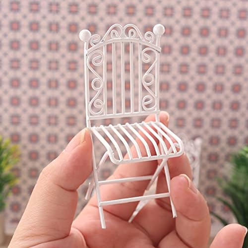 Dollhouse Miniature Bistro Table & Chairs Set Accessories Metal 1:12 Scale Miniatures White Coffee/Tea Furniture Fairy Garden Cute Rustic Elegant Decorations Ornaments (C)-VerdiqueGarden