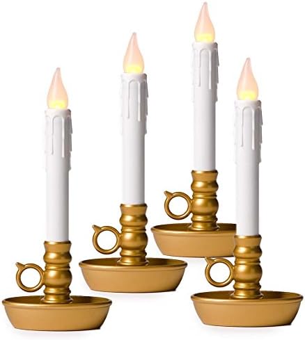 Plow & Hearth Set of 4 AA Battery Operated Window LED Candle Lamps | Auto Timer | Long Lasting Bulbs Never Need Replacing | Holiday Lights | Antique Gold Base | 9 1/2 H-VerdiqueGarden