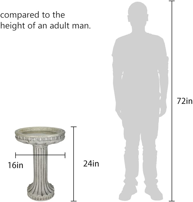 24 Inch Height Outdoor Bird Bath - Fibre Reinforced Concrete Large Bird Bath Stylish with Modern Pedestal for Garden, Patio, Backyard, Lawn - 16”W X 24”H Contemporary Birdbaths & Supports-VerdiqueGarden