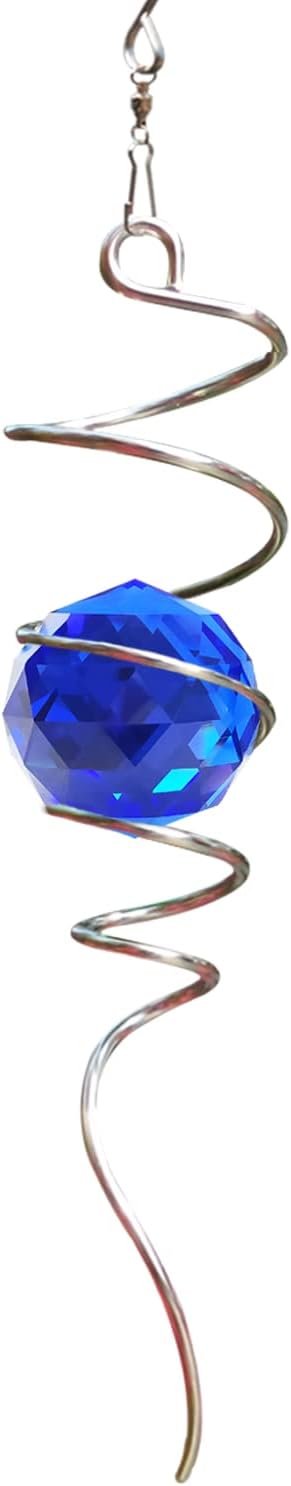 FONMY Gazing Ball Spiral Tail -Decorative Wind Spinner Sun Catcher Rainbow Maker 11 inch Tail and 2 inch Dark Blue Crystal Orb. Indoor Outdoor Garden Decoration -13 inch Height-VerdiqueGarden