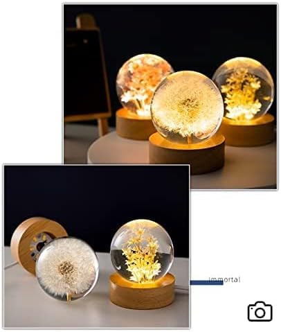 Flower Crystal Ball Night Light,2.4 inch Glass Ball Night Lamp with Woodern Base (Red Daisy)-VerdiqueGarden