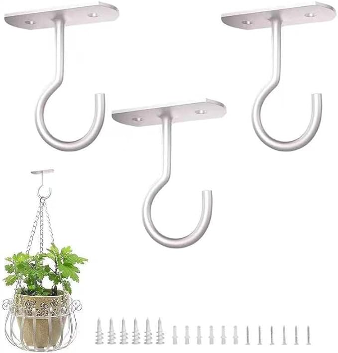 Ceiling Hooks for Hanging Plants-Metal Heavy Duty Wall Mounted Hangers for Hanging Bird Feeders, Planters, Wind Chimes, Include Professional Drywall Anchors (Pure White) 3 Pack-VerdiqueGarden