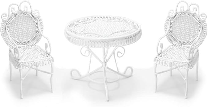 Dollhouse Miniature Bistro Table & Chairs Set Accessories Metal 1:12 Scale Miniatures White Coffee/Tea Furniture Fairy Garden Cute Rustic Elegant Decorations Ornaments (A)-VerdiqueGarden