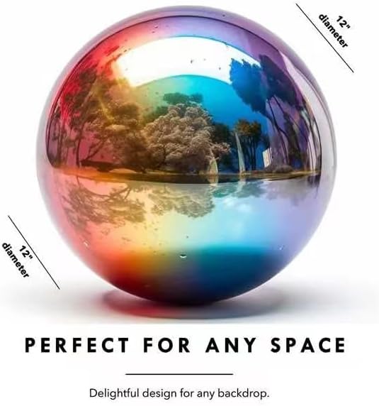 12 Inch Stainless Steel Gazing Globe,v2croft Hollow Ball Mirrored Surface Polished Shiny Sphere,Garden Stainless Steel Gazing Ball for Outdoor Lawn Pond Yard Ornament(rainbow)-VerdiqueGarden