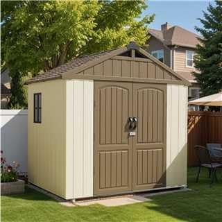 Patiowell 8 x 6 FT Plastic Outdoor Storage Shed with Floor, Resin Shed with Window and Lockable Door for Garden, Backyard, Tool Storage Use, Easy to Install in Brown (Kick-it Shed)-VerdiqueGarden