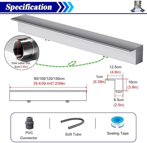 Waterfall Spillway 72 Inch - Garden Fountain Waterfall Embedded Mounting, Heavy Duty Stainless Steel Spray Water Accessories for Pond and Patio-VerdiqueGarden
