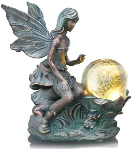 TERESA'S COLLECTIONS Fairy Garden Statues with Solar Outdoor Light for Outdoor Decor, Fairy Valentines Decorations Garden Decor Resin Sculptures with Crackle Glass Globe,Gifts for Mom Yard Decor,11.8"-VerdiqueGarden