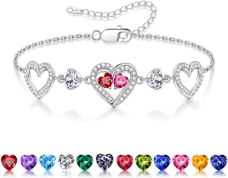 Iefil Valentines Day Gifts for Her - 925 Sterling Silver Heart Birthstone Bracelet Birthday Anniversary Jewelry Gifts for Her Wife