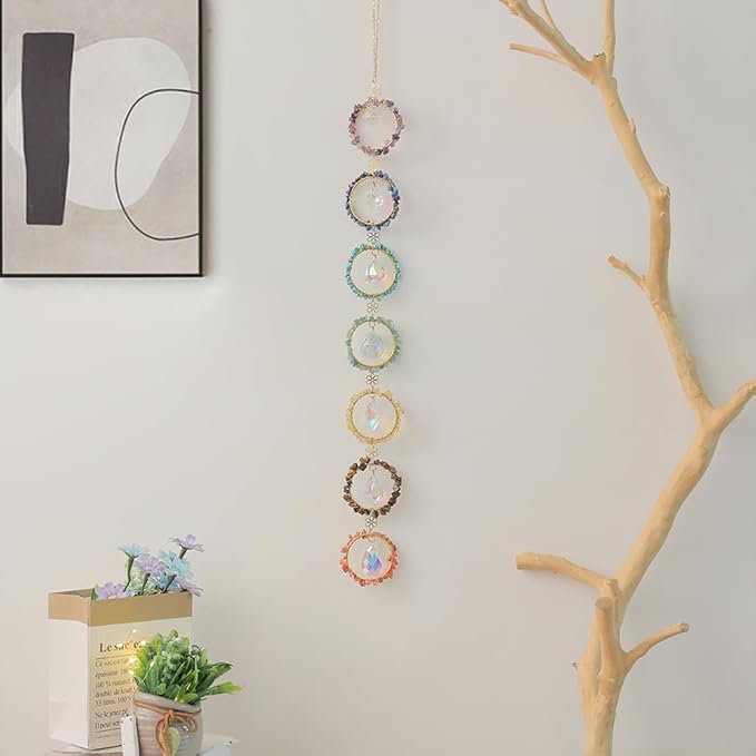 Crystal Sun Catcher Window Hanging 7 Chakra Spheres Gemstone Decor Hanging Ornament Natural Gem Wall Hangings Healing Crystal Decor Handmade Home Window Car Decoration Gift for Mom-VerdiqueGarden
