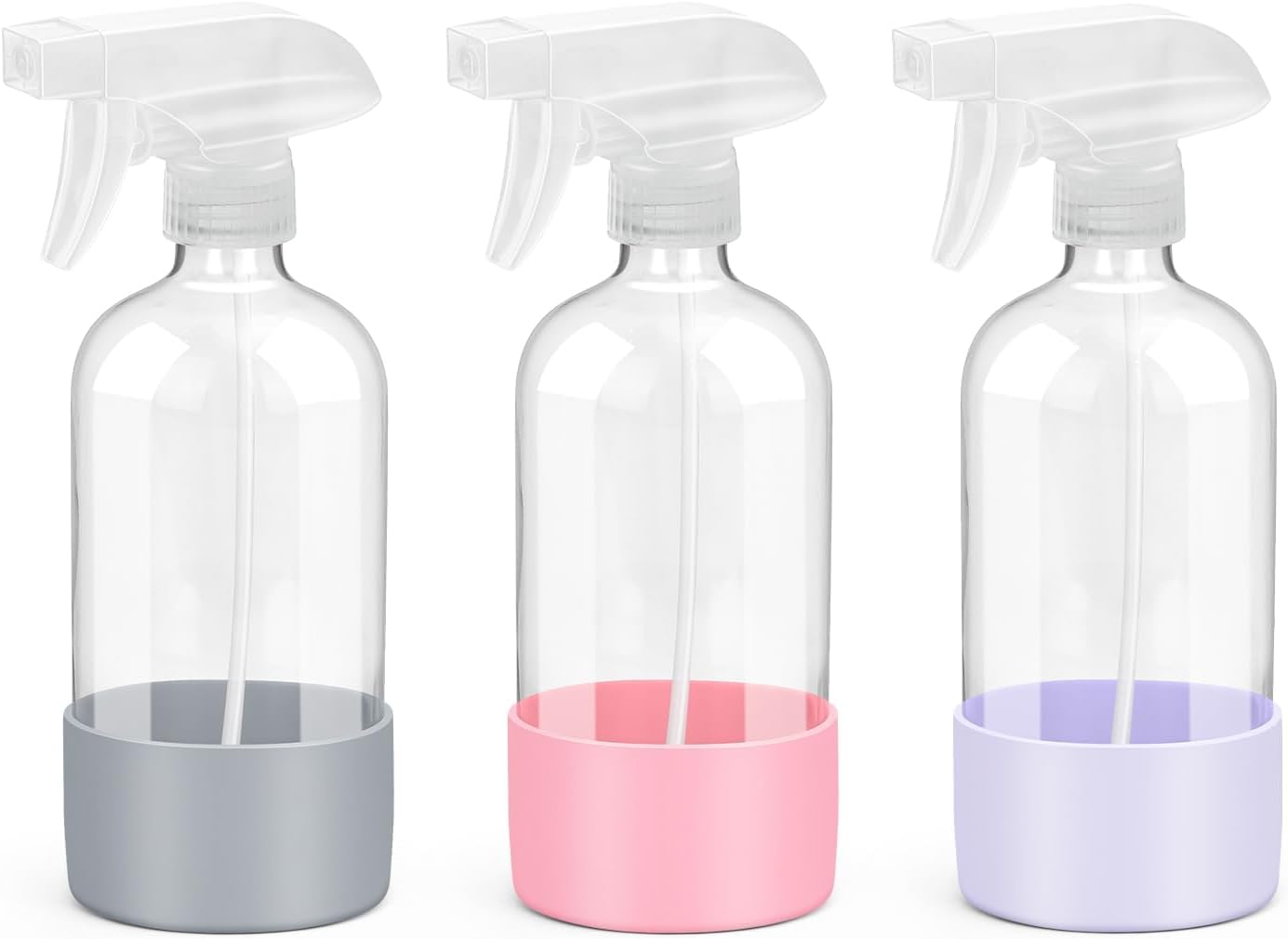 Glass Spray Bottles with Silicone Sleeve Protection, Empty 16 oz Refillable Containers, Reusable Spray Bottles for Hair, Cleaning Solutions, 3 Pack Grey&Pink&Purple-VerdiqueGarden