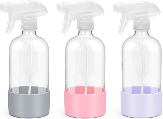 Glass Spray Bottles with Silicone Sleeve Protection, Empty 16 oz Refillable Containers, Reusable Spray Bottles for Hair, Cleaning Solutions, 3 Pack Grey&Pink&Purple-VerdiqueGarden