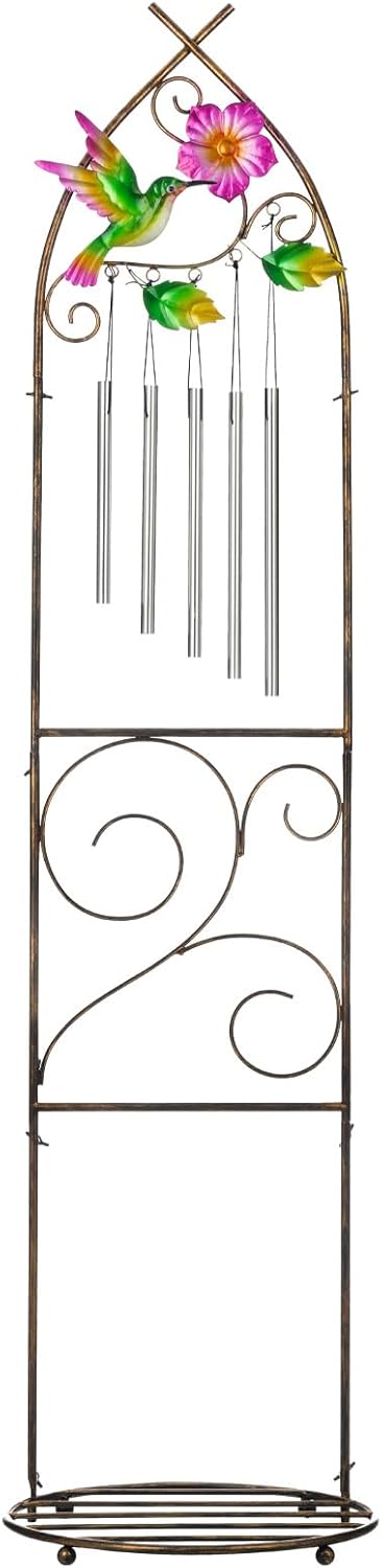 Garden Trellis with Plant Stands, 48” Metal Detachable Hummingbird Plant Pot Trellis with Wind Chimes for Climbing Plants Outdoor Lawn Patio Porches Decor-VerdiqueGarden