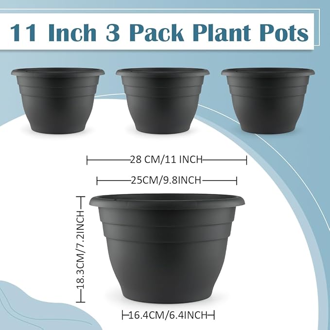 11 Inch Plant Pots, 3 Pack Planters for Indoor Ourdoor Plants, Round Plastic Flower Pots, Large Planters with Drainage Hole and Plug, Gray-VerdiqueGarden