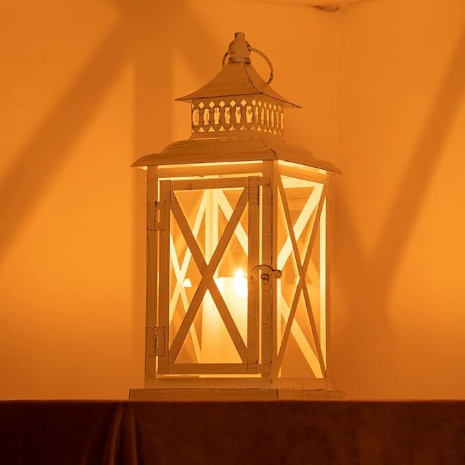 DECORKEY Lantern Decorative Indoor & Outdoor, Large Square Hanging Spring Home Decor, Vintage Metal Decorative Candle Lanterns for Outdoor Patio Wedding Party White with Black Brush-VerdiqueGarden