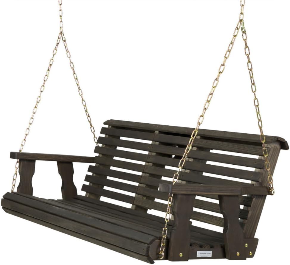 Porchgate Amish Heavy Duty Console Porch Swing with Fold Down Cup Holders in Dark Walnut Stain - Amish Made in The USA from Treated Pine, Hanging Chains Included-VerdiqueGarden